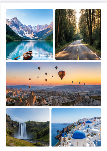 Example of five photos arranged and resized together onto one printable page using Printryx